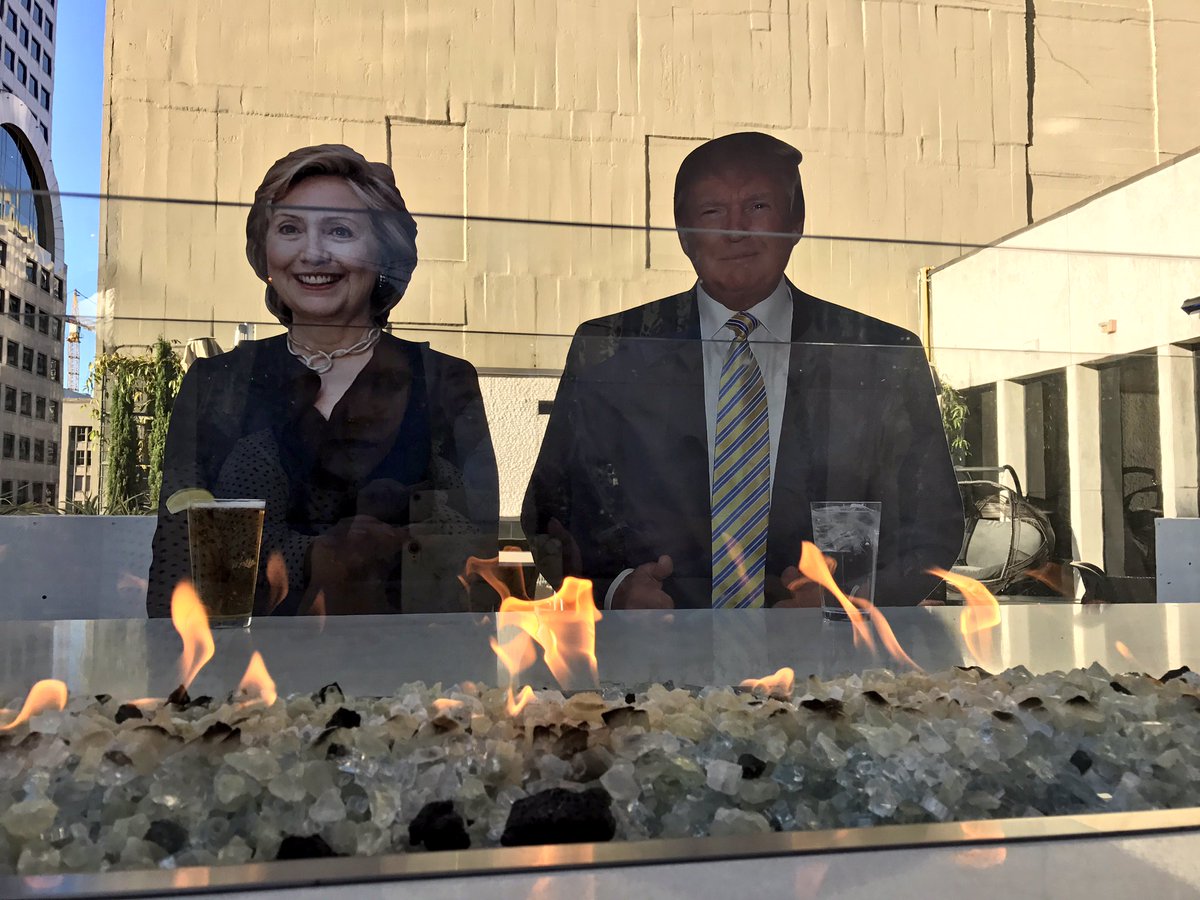 FrolikSeattle's tweet image. Hillary and Donald are cheersing to a fun, bipartisan party tonight with @KCTS9 &amp;amp; @Crosscut! Join us at 4pm! #itsfinallyover #waelex