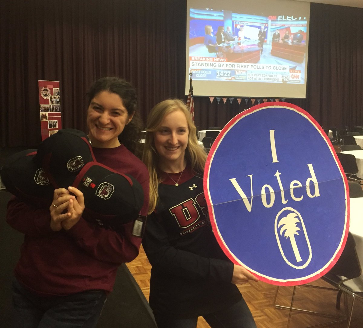 Tweet us your selfie with your #ivoted and come to the <a href="/UofSCSG/">UOFSC STUDENT GOVERNMENT</a> watch party for a chance to win some <a href="/GamecocksOnline/">South Carolina Gamecocks</a> UA gear! #ElectionDay