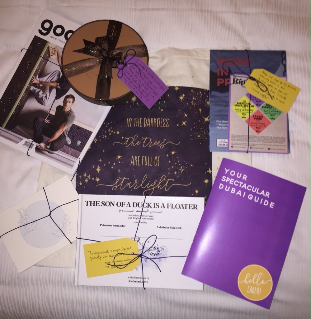 Coming home to your hotel room and finding a care package from a lovely fan? Best feeling 💜