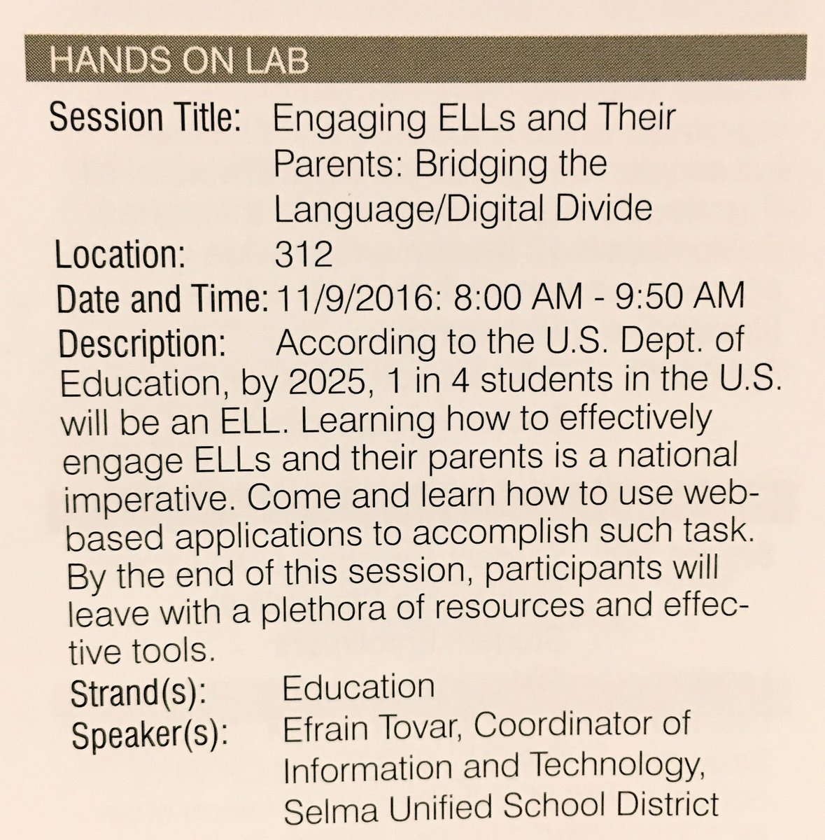 efraintovarjr's tweet photo. Have ELLs? Want to bridge the #HomeworkDivide #DigitalDivide #LanguageDivide? Come to my #CETPA2016 session tmrw at 8am in RM312. @DeLucaEd https://t.co/n8tFbzcwFN