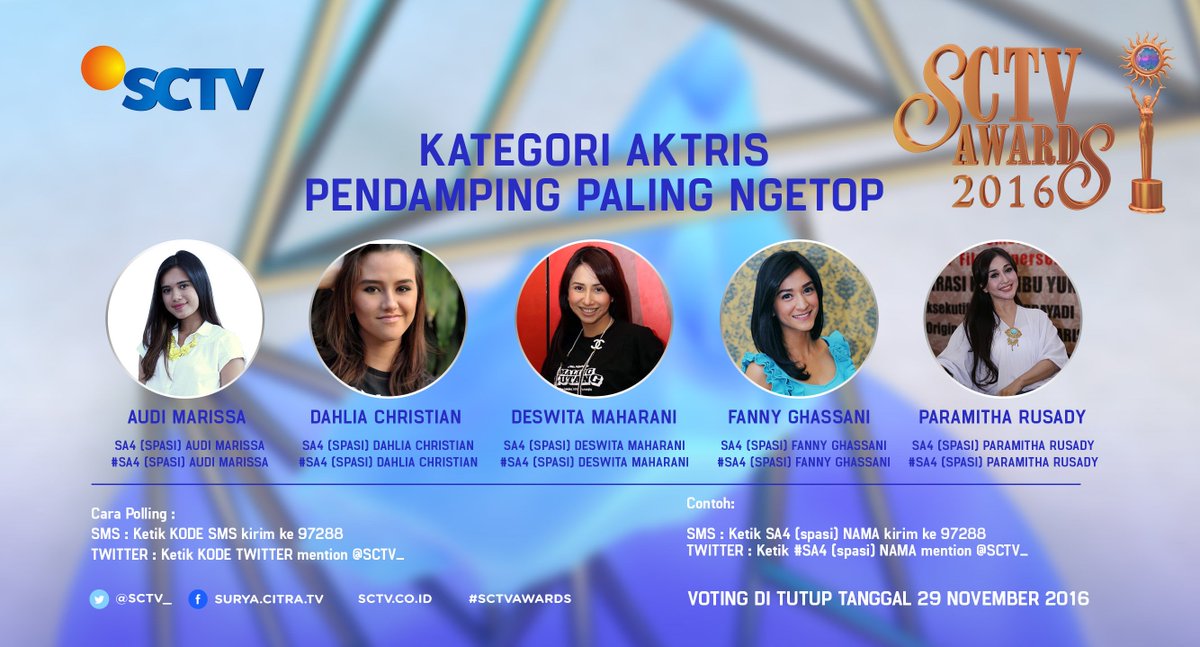 SCTV's tweet photo. Dukung Aktris Pendamping Paling Ngetop #SCTVAwards ketik SA4(spasi)NAMA kirim ke 97288 atau melalui Twitter, mention #SA4(spasi)NAMA https://t.co/ZnEfflLREb
