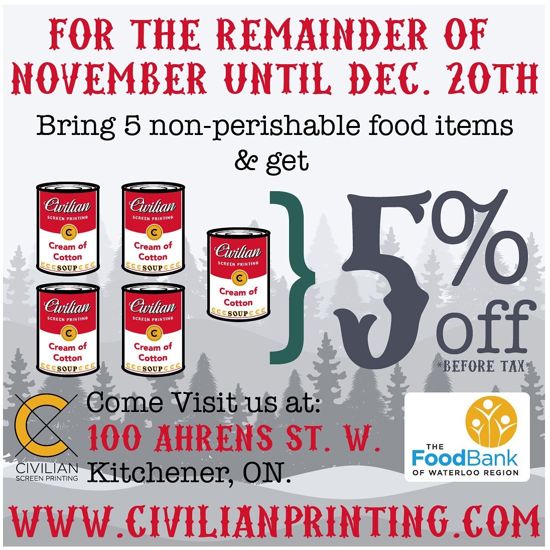 Help us out with our holiday food drive, bring in 5 non perishable food items and save 5% on your order.