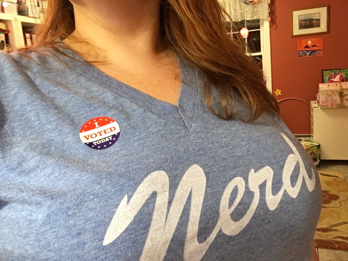JeniCamCakes's tweet photo. Ok, it's a lie. I voted 2 weeks ago and stole my husband's sticker today, but I did vote. #ImWithNerd #ElectionNight @thenerdmachine https://t.co/RxIHLMsq1Y