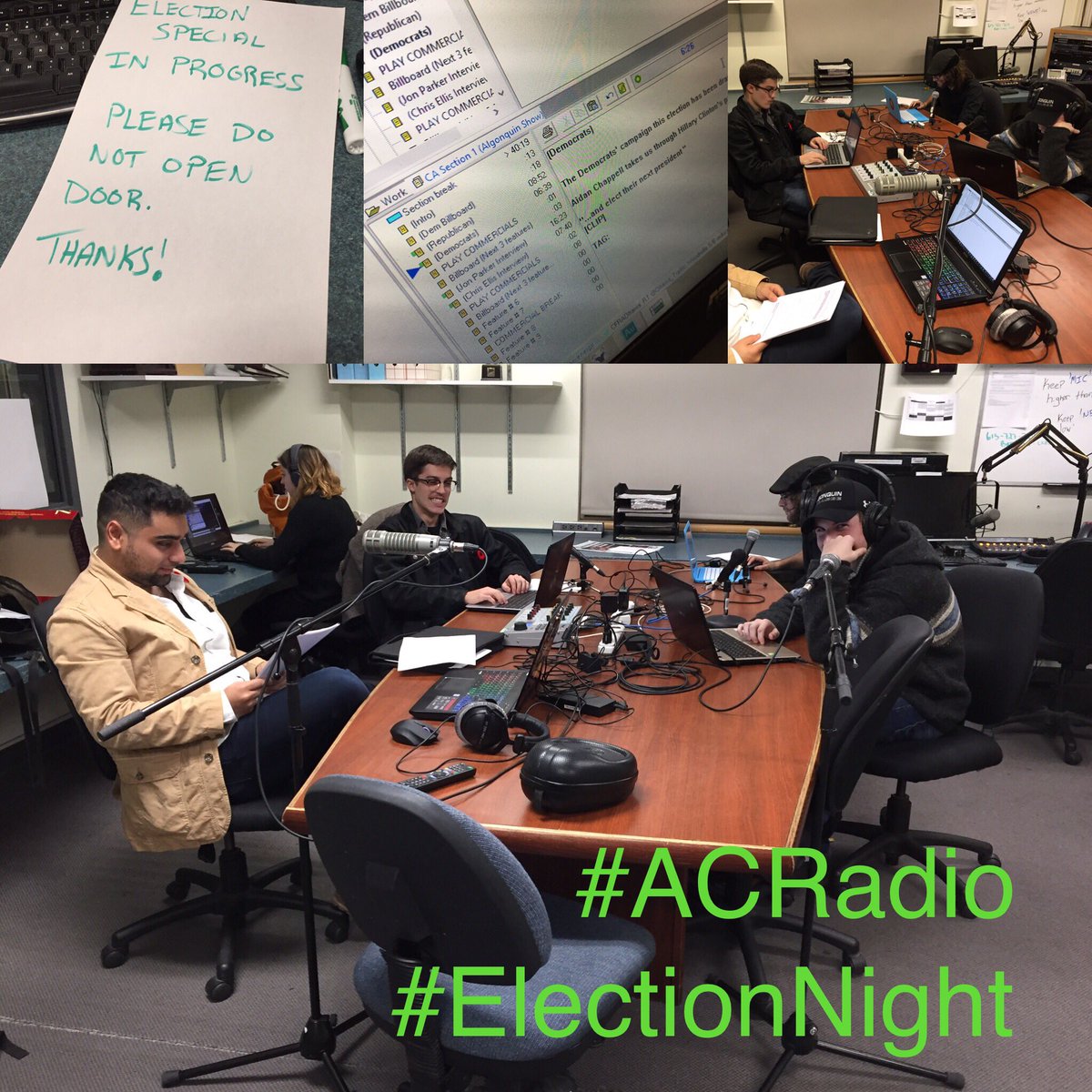 AlgonquinRadio's tweet photo. #ACRadio students doing #ElectionNight coverage on @CKDJ1079 @AlgonquinColleg Listen live https://t.co/6Q6rwKP9Jq https://t.co/9fEr0yya69