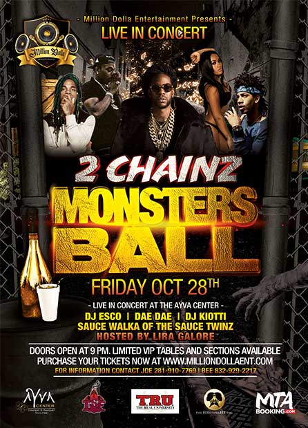 MillionDolla_En's tweet photo. 2 Chainz &amp; Friends Monster Ball Halloween Party Oct 28 at the Houston #AyvaCenter #HoustonHipHop #HtownEvents https://t.co/jk8ypCnByN