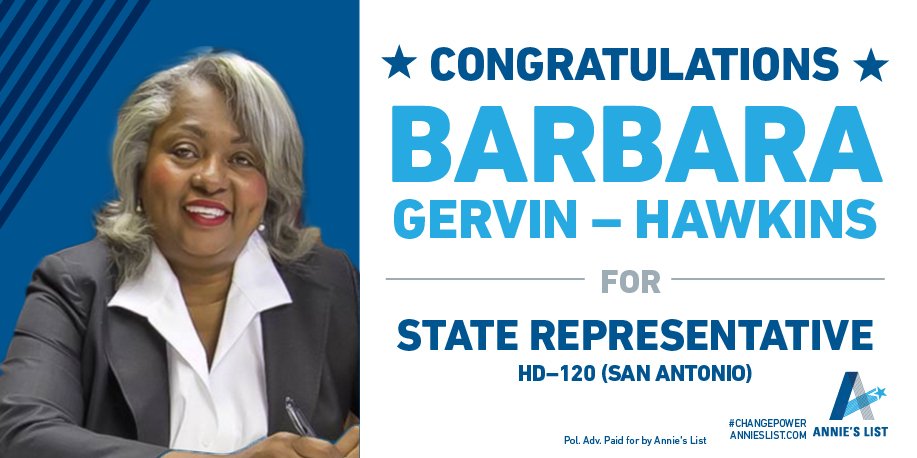 Yeah #SAVotes! Welcome <a href="/VoteBarbara/">Rep. Barbara Gervin-Hawkins</a> a champ for #women &amp; biz in the #txlege #HD120