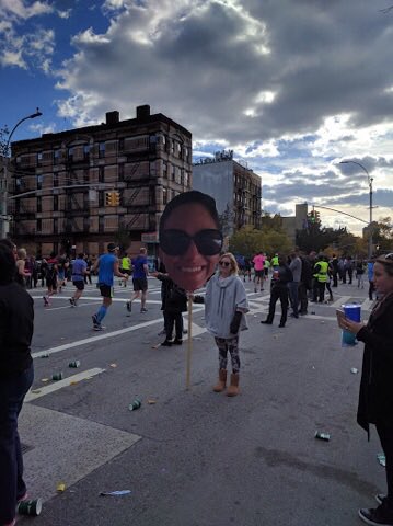 CourtEGrill's tweet photo. When your friend blows your head up on a sign for the @nycmarathon and you see her but don't notice the sign #constructiveexpertise https://t.co/s7MmtYTdxA
