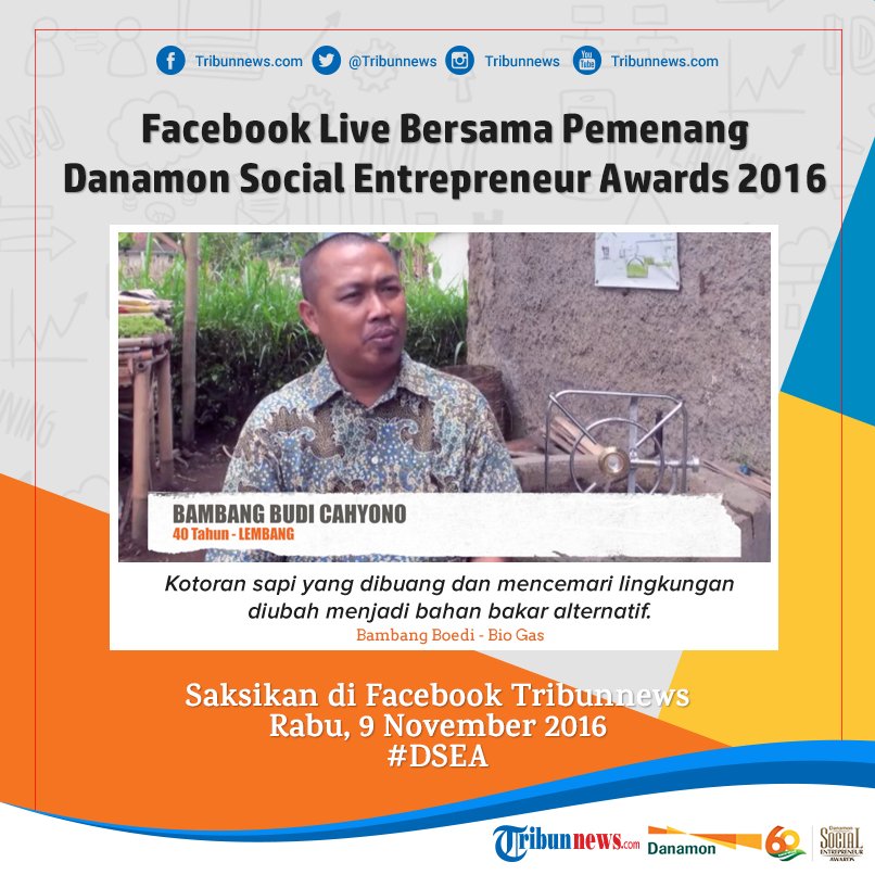 tribunnews's tweet photo. Saksikan Facebook Live Bersama Nominasi Pemenang Favorit Danamon SEA 2016, Bambang Boedi Cahyono di https://t.co/yhRTt5XtBz #DSEA2016 https://t.co/1t1vYVlijw