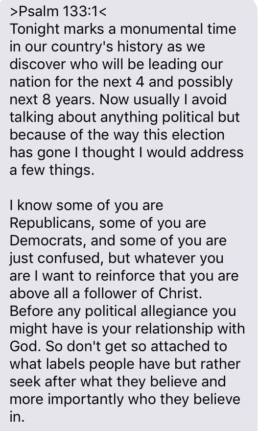 EurekaFCA's tweet photo. Korbin Farmer, my huddle leader at HLC, sent me this today. Please read it concerning the election. #EHSFCA https://t.co/k5zjGj95lS