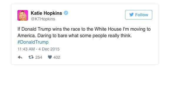 Oh America. Remember when Katie Hopkins promised to move to the USA if Trump won? We did. #ElectionNight telegraph.co.uk/news/2016/11/0…