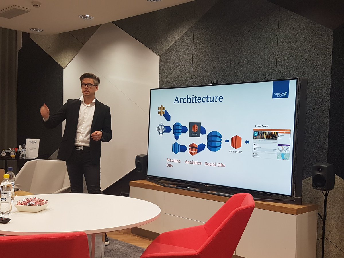 therolle's tweet photo. #IoT breakfast at @CybercomPeople Helsinki office, @TarmoPajunen with #machinebook on #aws concept presentation @CybercomFinland https://t.co/s78B4flAXD