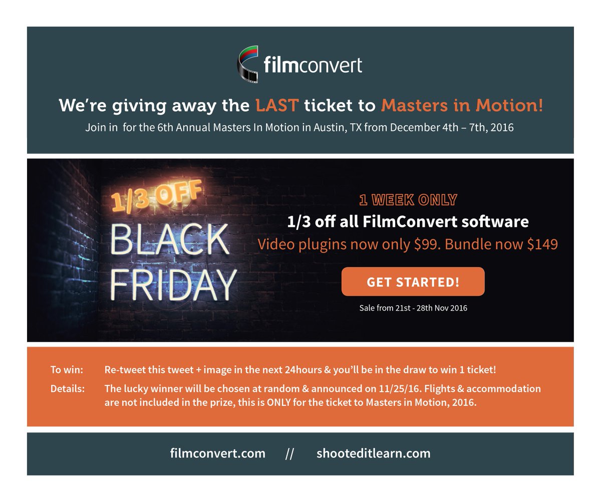 RT this to be in to win the last ticket to @shooteditlearn. #FilmConvert #BlackFriday sale, 1/3 off all software: bit.ly/1rvp3fK