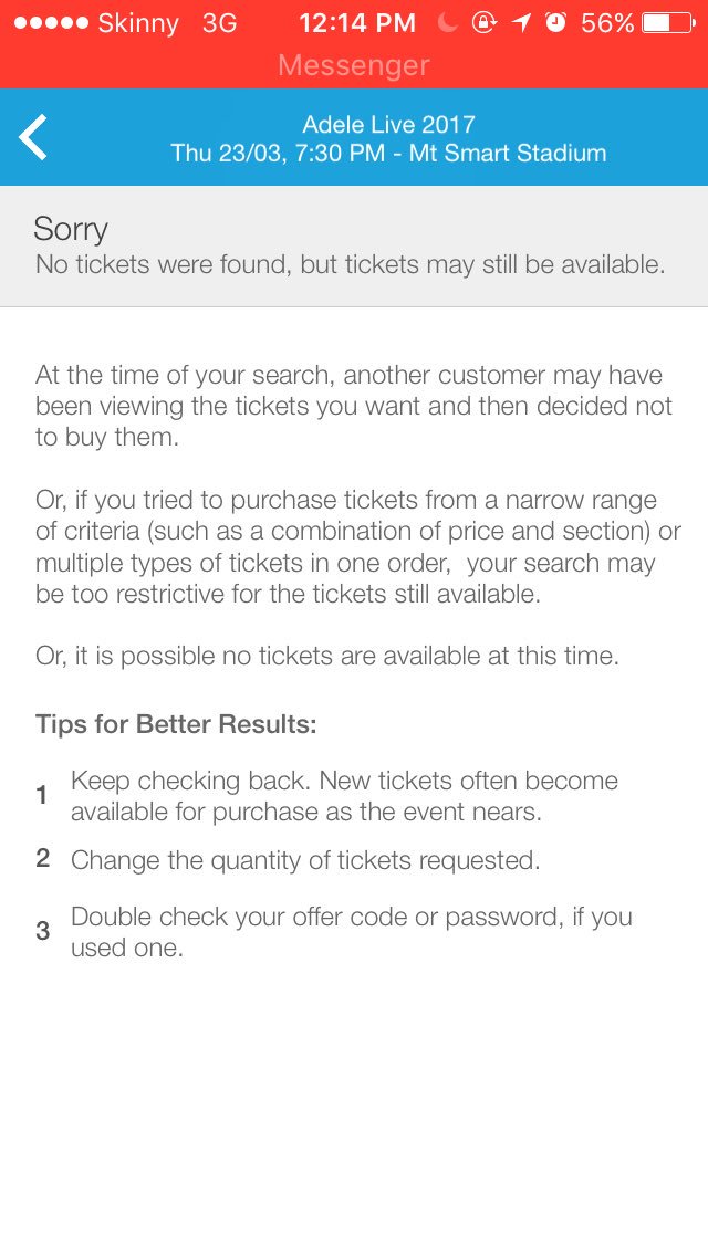 ericamdsouza's tweet photo. @Ticketmaster_NZ does this mean you are sold out? https://t.co/2uY2Vxr44Q