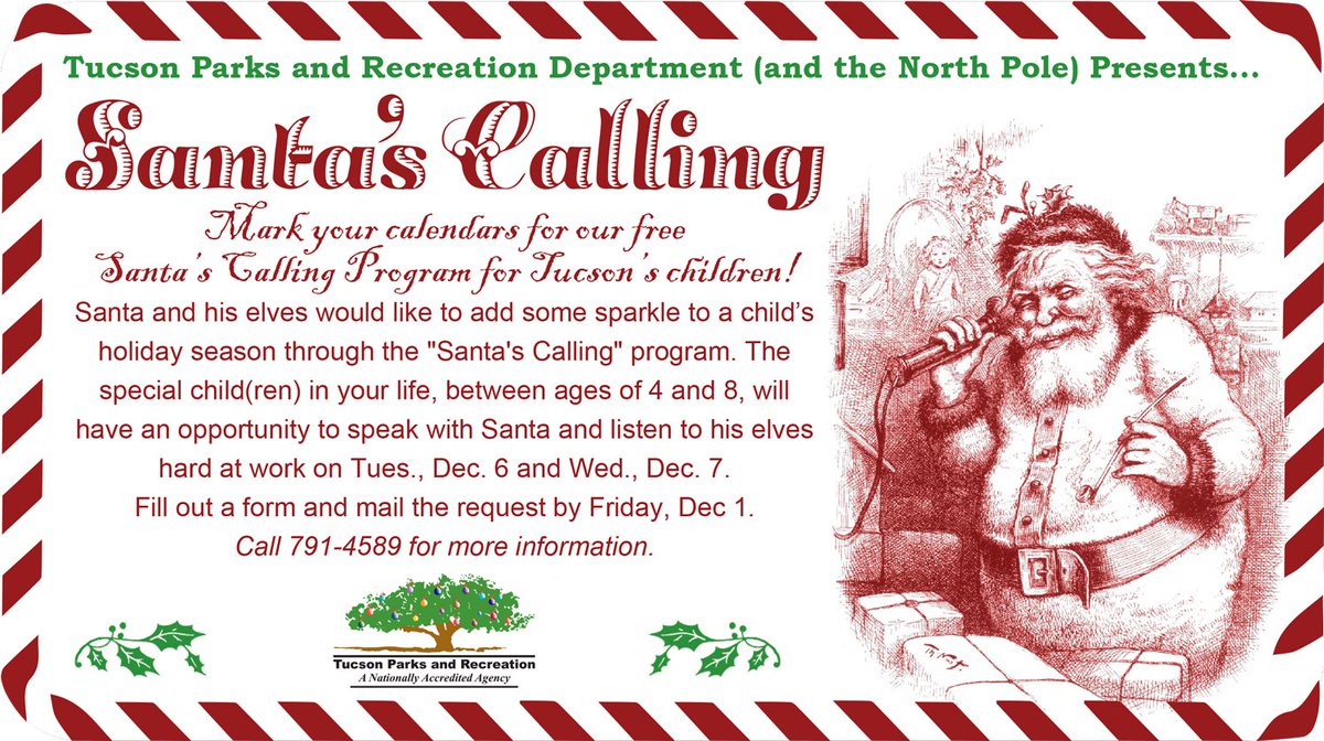 TucsonParksRec's tweet photo. Kids can get a call from Santa! Send in the form today, but hurry, he must get your letter by Dec. 1! https://t.co/svRPATprQj #santascalling https://t.co/R0xrRnygUt