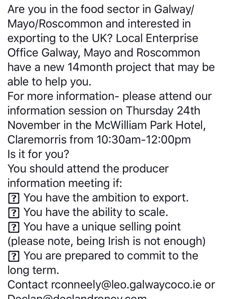 Local Enterprise Office Galway On Twitter Reminder Tomorrow Local Enterprise Office Galway On Twitter Reminder Tomorrow Am In Mcwilliam Park Hotel Claremorris London Food Info Session Interested In Export