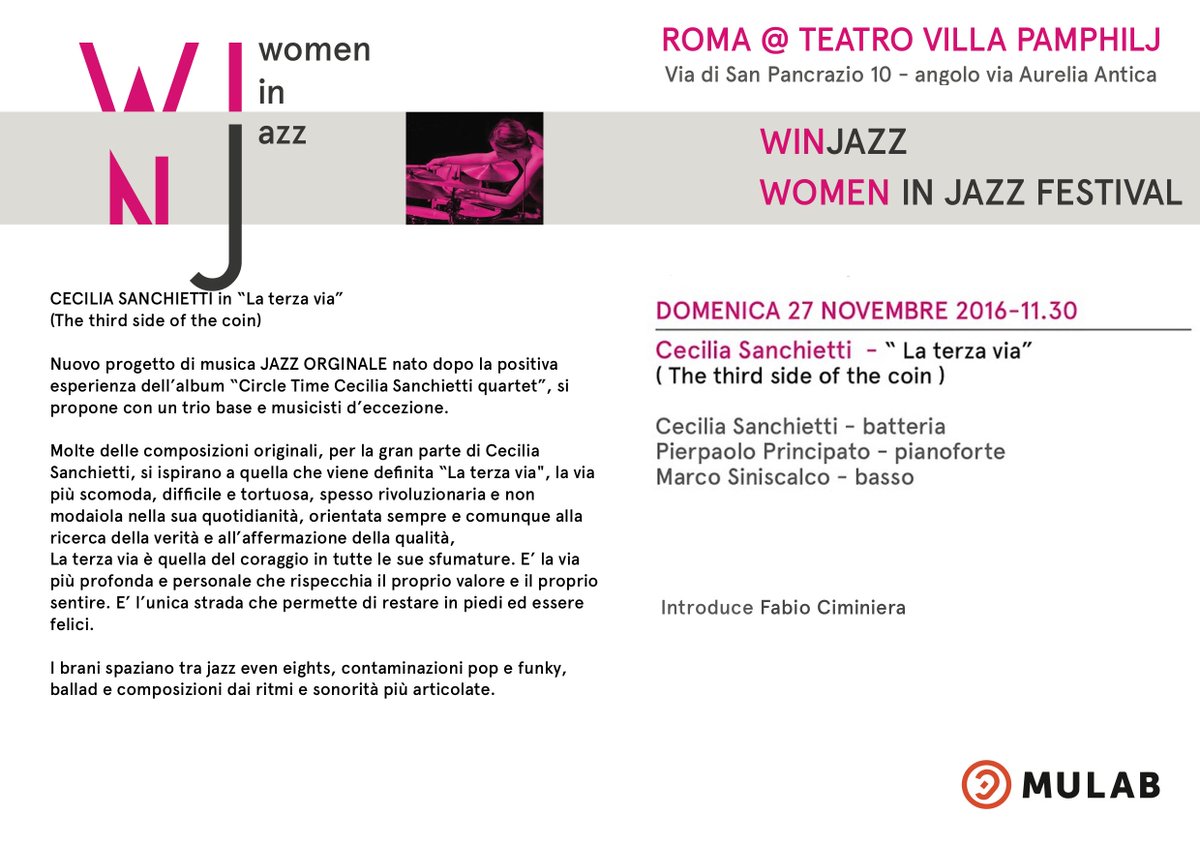 WomanInJazz's tweet photo. @cecisanchietti "la terza via" con #marcosiniscalco #pierpaoloprincipato #WInjazz 2016 #WomenInJazz @TSVCorsini domenica 27/11 alle h.11,30 https://t.co/4zVNYYk3ZA