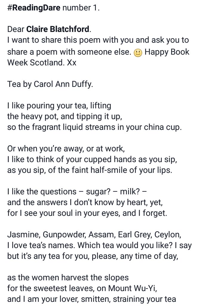 SusannahLeake's tweet photo. #readingdare 1 @BookWeekScot (Completed on Monday but forgot to tweet about it!) Shared a poem about tea and love with a lovable tea lover. https://t.co/DFz7CEyyaH