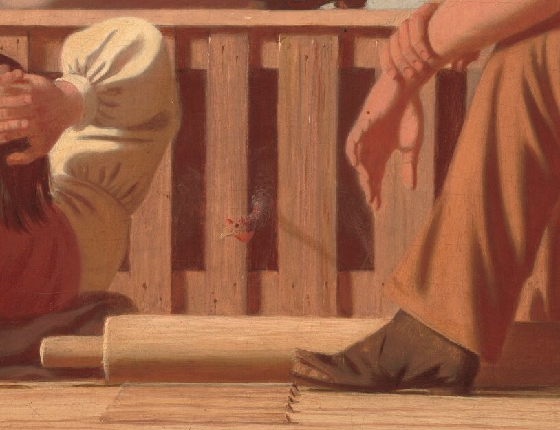 in George Caleb Bingham's "The Jolly Flatboatmen," the artist's careful attention to detail is everywhere evident. Can you spot the turkey?