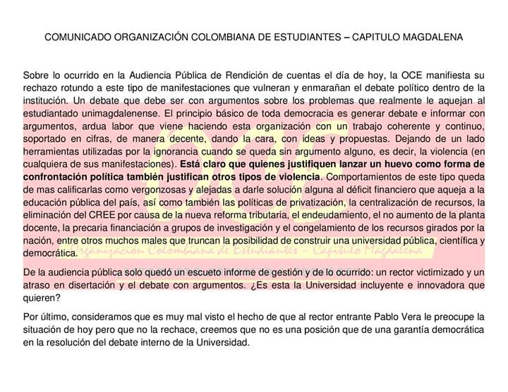 kevhdz97's tweet photo. Comparto la posición de @OCEMAG sobre lo ocurrido el día de hoy en la rendición de cuentas de @unimagdalena https://t.co/yqXoXYkboE