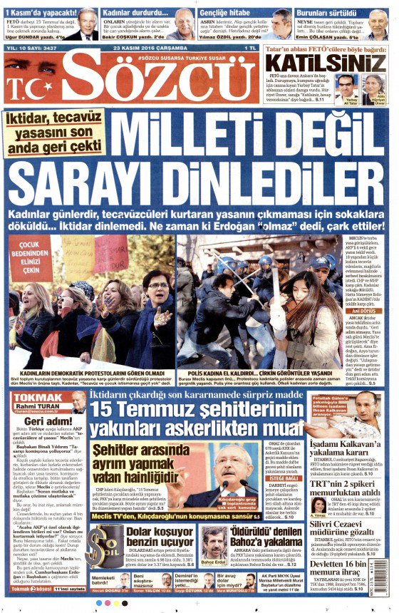 Günün Manşeti 

İktidar, tecavüz yasasını son anda geri çekti
MİLLETİ DEĞİL SARAYI DİNLEDİLER