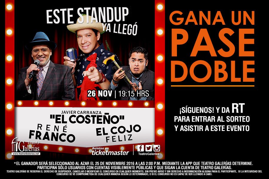 Participa con un RT y GANA UN PASE DOBLE* para #EsteStandUpYaLlegó. 26 de NOV ¡Única función 7:15 PM! Boletos ➡️ bit.ly/StandUp-NOV16