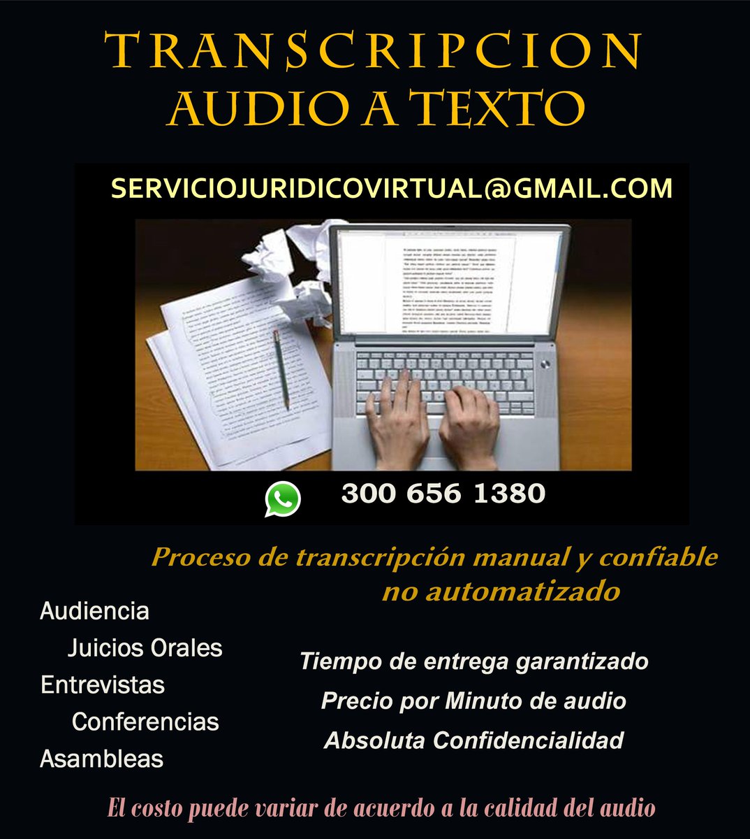 Le_Monique78's tweet photo. Transcribimos tu #audiosATexto #Entrevistas #Conferencias #asambleas #Reuniones #Juicios #Audiencias #Colombia #Medellin #Antioquia https://t.co/zz77fF4MKn