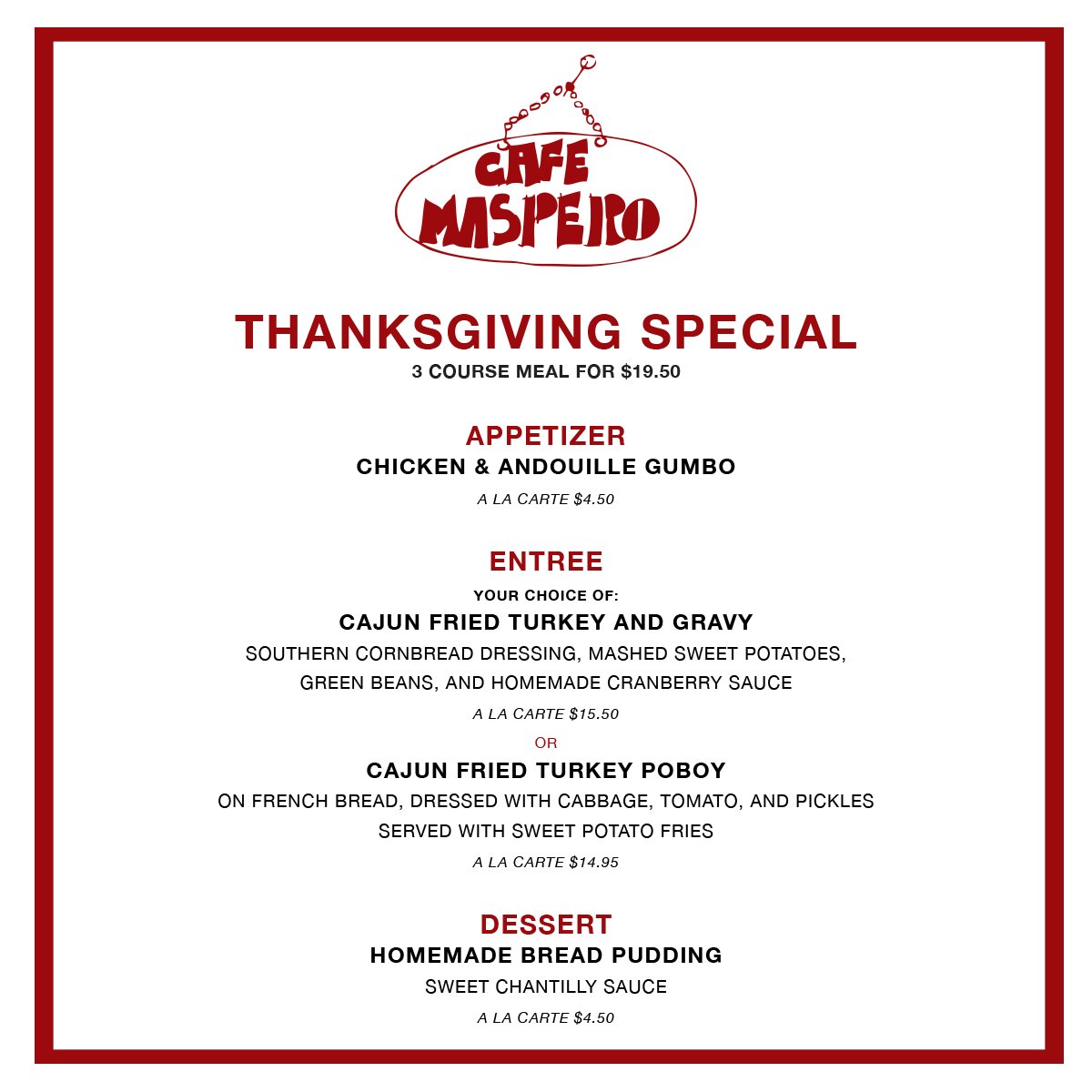 cafemaspero's tweet photo. We're serving up something special this #Thanksgiving! Indulge in our 3-course menu for just $19.50🍁 #nola #happythanksgiving https://t.co/YgfJY7Lk4U