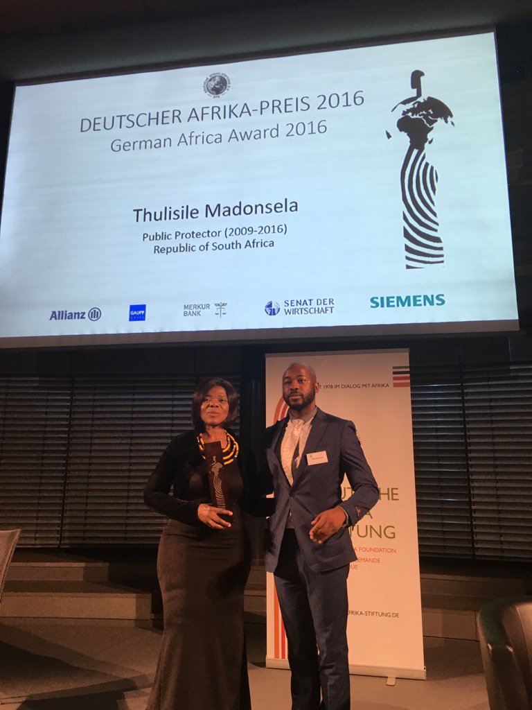 anliserfontein's tweet photo. @ThuliMadonsela3 receiving the @_DASonline German Africa Prize in #Berlin for her efforts to uphold #SA constitution https://t.co/wXmT8LKxSy