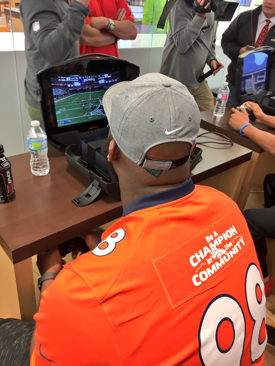 BroncosOffField's tweet photo. Our @Broncos are playing @EAMaddenNFL against local military families for #ProsvsGIJoes at @Microsoft!

#SaluteToService #BeAChampion https://t.co/5nSQKcIUeF