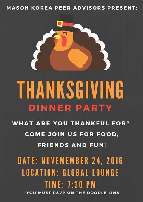 IGC_IGCF's tweet photo. Come join your #Mason_Korea Family as we celebrate a thanksgiving dinner! 
November 24, 2016, 7:30pm /Global Lounge 
https://t.co/LXNWp5yP4O https://t.co/uTbbMQoNjn