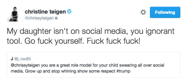 BuzzFeed's tweet photo. Chrissy Teigen shut down trolls who complained about her swearing https://t.co/djFVJE5GeZ https://t.co/tJn5F35kbF