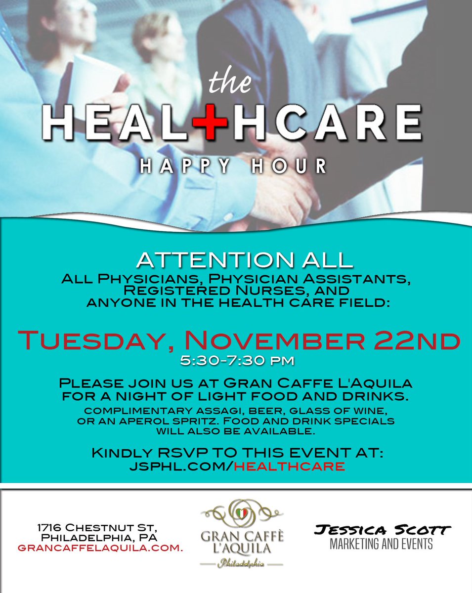 GCaffeLaquila's tweet image. TOMORROW! Tues. Nov.22nd #HealthCare #HappyHour Hosted by @js_phl Starts at 5:30pm...More info &amp;amp; to RSVP click here jsphl.com/healthcare
