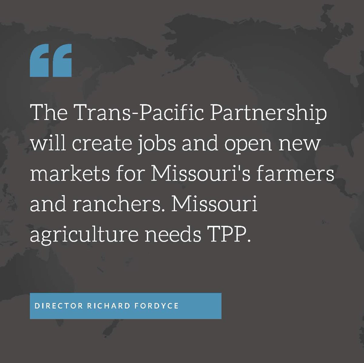 #TPP will add 800 new jobs &amp; $105.3 Million in new exports for Missouri ag per <a href="/FarmBureau/">American Farm Bureau</a> #TPPforUSAg <a href="/MoAgriculture/">Missouri Department of Agriculture</a>