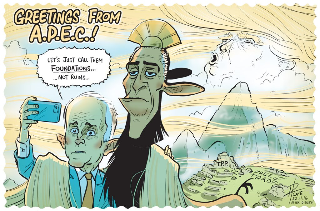 Politics_SMHAGE's tweet photo. Cartoon of the Day: @davpope with greetings from #APECPeru2016 #auspol https://t.co/syW6LJlFmN