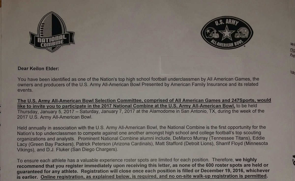 keilon_elder's tweet photo. Blessed to be invited to The @ArmyAllAmerican Bowl National Combine #Armybowl ๐๐ https://t.co/rcomkGXoYN