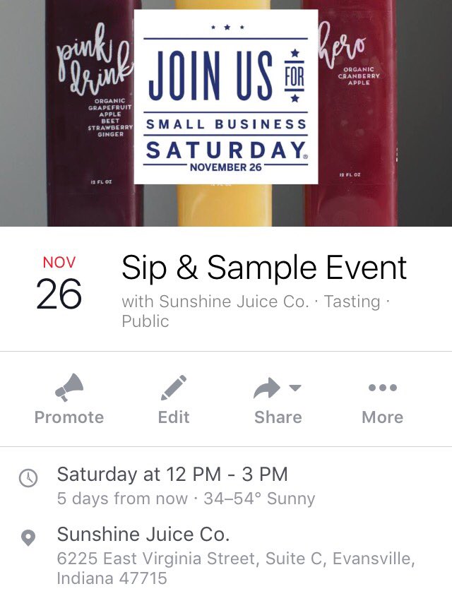 Come to our Sip &amp; Sample event on Saturday from noon - 3 for juice samples to celebrate #SmallBizSat