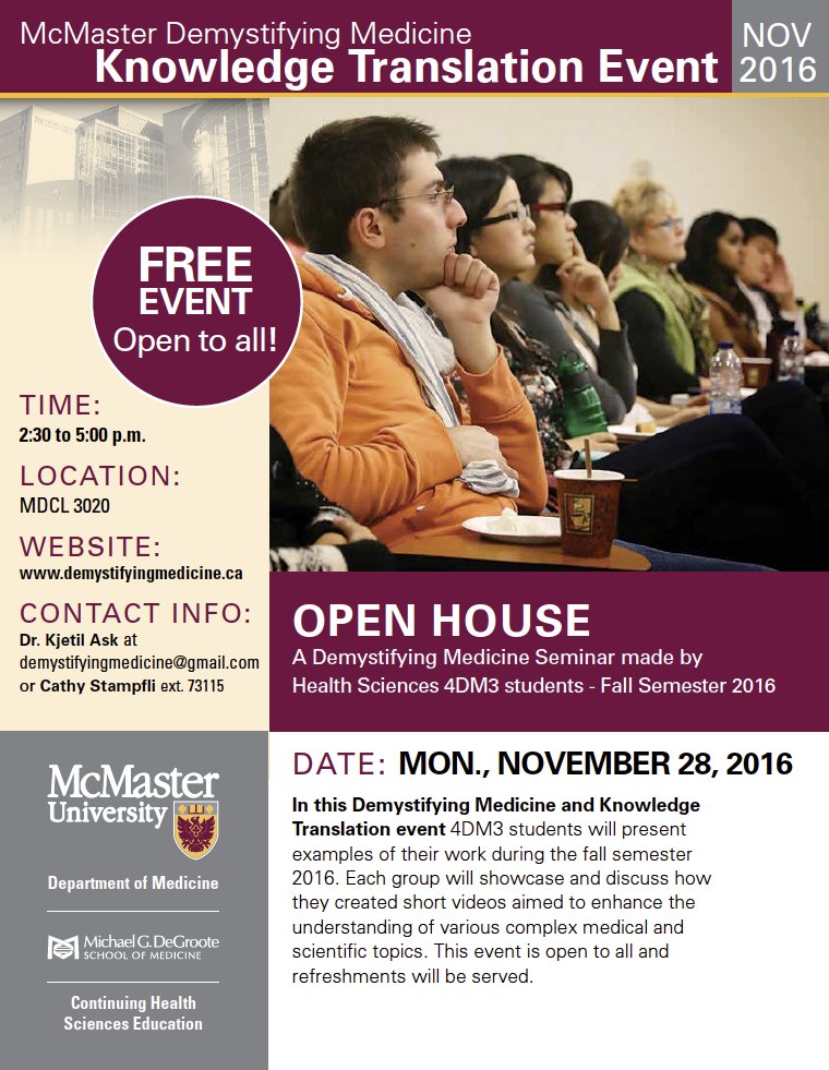 Knowledge Translation Event #McMasterU #DemystifyingMedicine Nov 28 at 2:30pm All Welcome