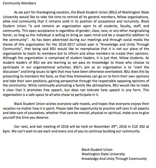 wsuBSU's tweet photo. A Message From Black Student Union #KnowledgeAndUnityThroughCommunity https://t.co/mLtx8AhRCB