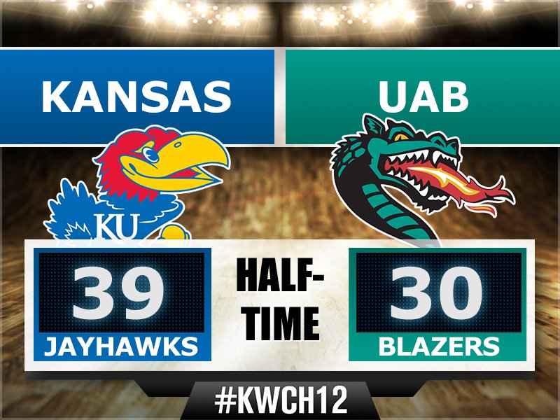 KWCH12's tweet photo. HALFTIME from the #CBEClassic in Kansas City. @KUHoops #kwch12 https://t.co/01GPb8TsgS