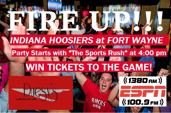 Join <a href="/SportsRush1380/">Sports Rush</a> LIVE from <a href="/duesysfw/">Duesy's Sportsbar &</a> Tuesday 4-6pm...WIN Indiana Hoosiers at Fort Wayne Mastodons tickets!