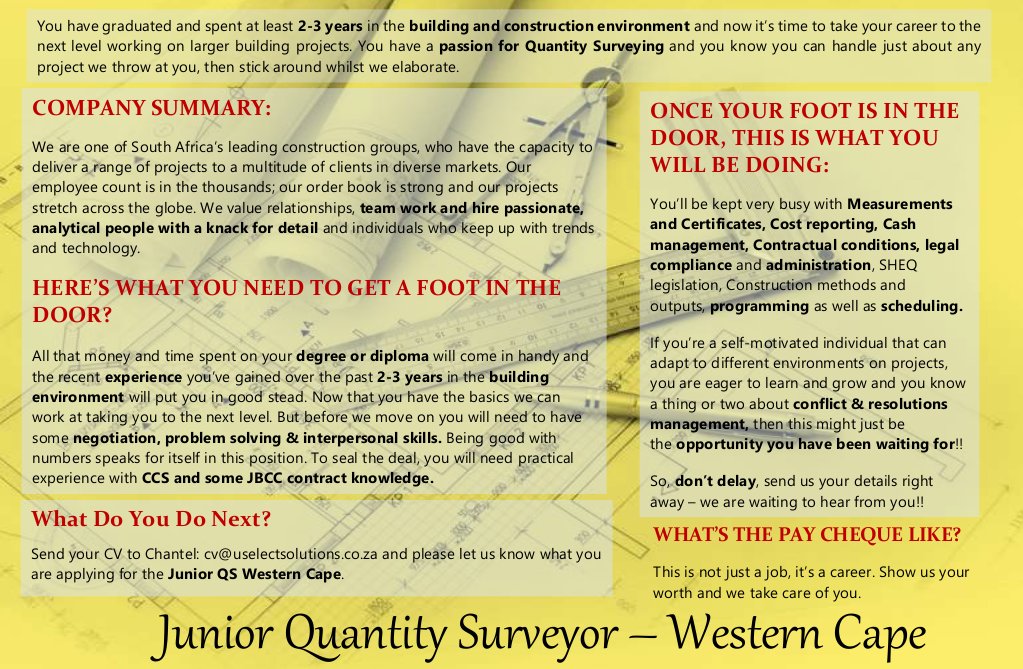 U_Select's tweet image. To those Junior Building Quantity Quantity Surveyors who know it&apos;s time to expand your wings.#quantitysurveying #Building #jobsearch #CHANGE