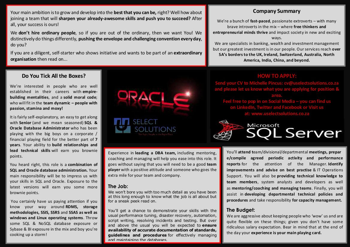 U_Select's tweet image. If you consider yourself a DBA Guru &amp;amp; have killer skills with BOTH Oracle &amp;amp; Microsoft SQL.Then this one is for you.#SQLServer #Oracle #dba