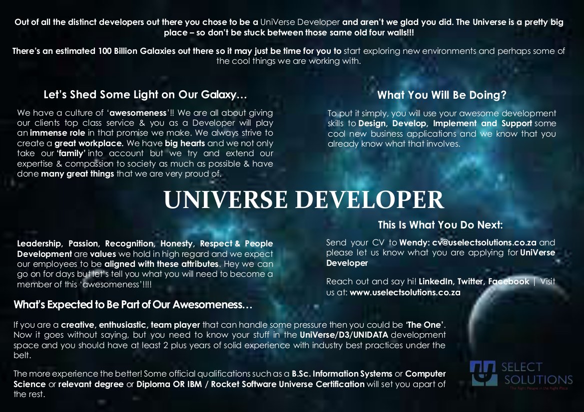 U_Select's tweet image. We are looking for Universe Developers (not DBA&apos;s). Send your cv to cv@uselectsolutions.co.za #NewJob #universe #development