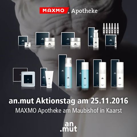 an.mut Kosmetik Aktion am 25.11. in der #MAXMO #Apotheke am Maubishof #Kaarst. Kostenlose Hautanalyse &amp; 20% Rabatt auf alle an.mut Produkte!