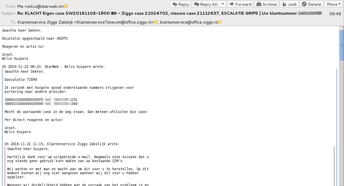 SkarWeb's tweet image. #Escalatie case 21112637 #GRIP5 @ZiggoZakelijk @ZiggoWebcare reageer en actie op email klantenservice@office.ziggo.nl #zakelijk