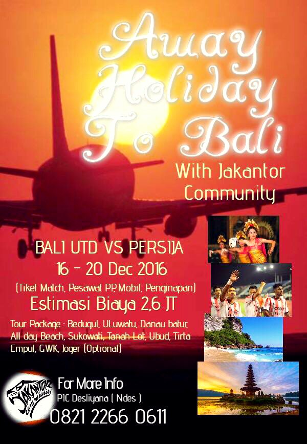 #OpenTrip 
Bali Utd vs Persija Jakarta
Laga penutup ISC 2016
Reservasi seat pesawat hingga 1 Desember
#JConTourBali