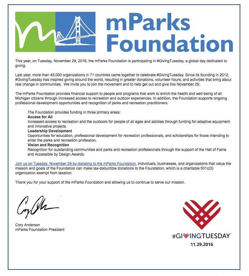 This year, on Tuesday, November 29, 2016, the mParks Foundation is participating in #GivingTuesday, a global day dedicated to giving.