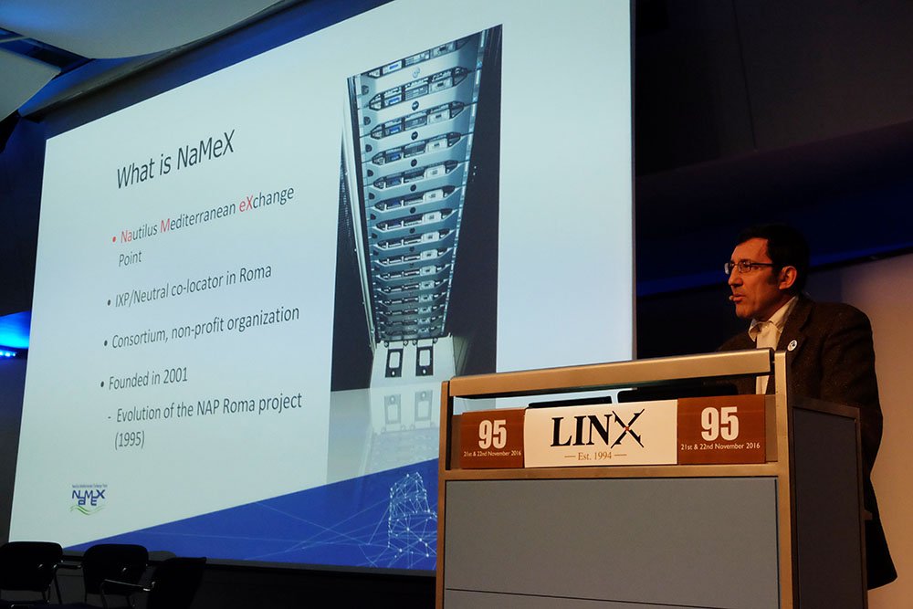LINX_Network's tweet photo. Luca Davoli speaks on behalf of Rome based @namex_ixp who are the guest IXP at #LINX95. https://t.co/yiYu6DuGOa