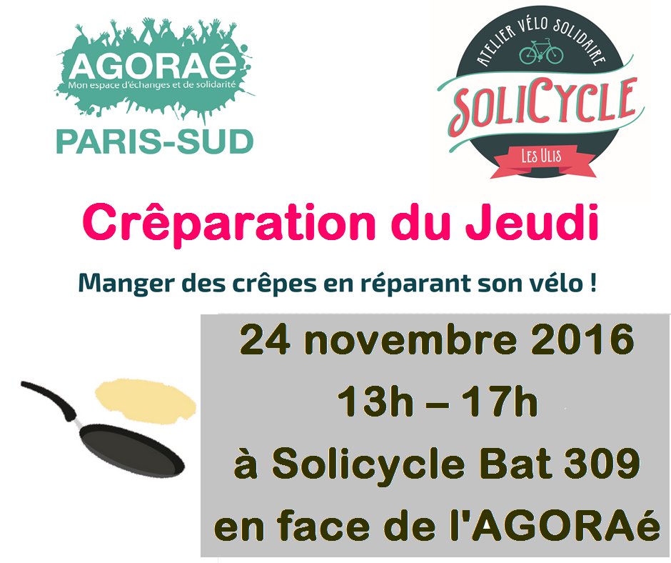 AGORAe_ParisSud's tweet photo. [CRÊPES et VÉLO] = Crêparation avec #Solicycle ! 
Manger des crêpes en réparant son vélo.  RDV jeudi 24 novembre  !
#reparationVélo https://t.co/cbW7s5ktPo