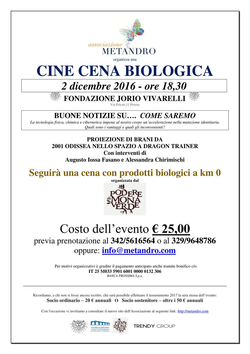 InfoMetandro's tweet photo. Metandro presenta Cine Cena Biologica,condividere cultura e culture. Il 2 dicembre alla Fondazione Jorio Vivarelli di Pistoia. https://t.co/jlfJvfvn6m